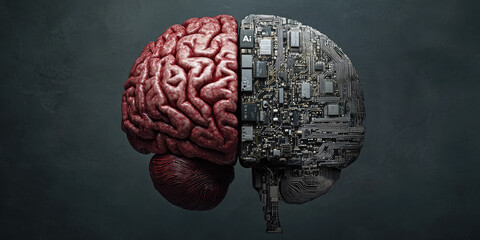 Artificial intelligence concept represented by organic brain-like structure with AI inscription,symbolizing the fusion biology technology,machine learning,neural networks in futuristic digital world.