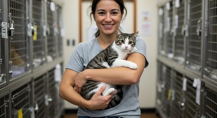 Smiling Woman Volunteer Holding a Cute Cat in an Animal Shelter