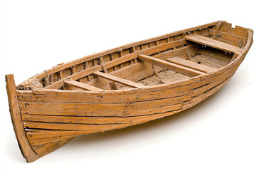 Vintage wooden boat with a rustic charm, isolated on a white background.