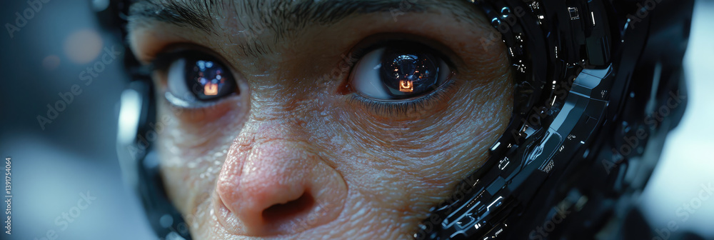Poster futuristic digital photo of primate evolution into cybernetic organisms,showcasing transition from n