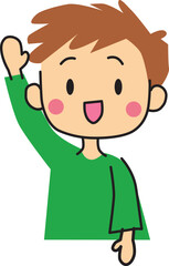 Illustration of a cute boy smiling and raising his hand. Colorful, simple, flat and green. Vector illustration
