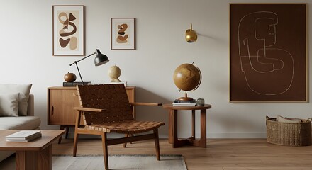 A serene living room, bathed in warm sunlight, features a comfortable woven leather armchair as the centerpiece, surrounded by minimalist art and earthy tones.