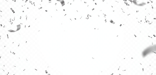 Falling shiny silver confetti and ribbons celebration party design element