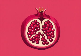 Vector illustration of a ripe, juicy, half-cut pomegranate with seeds on a vibrant pink background.