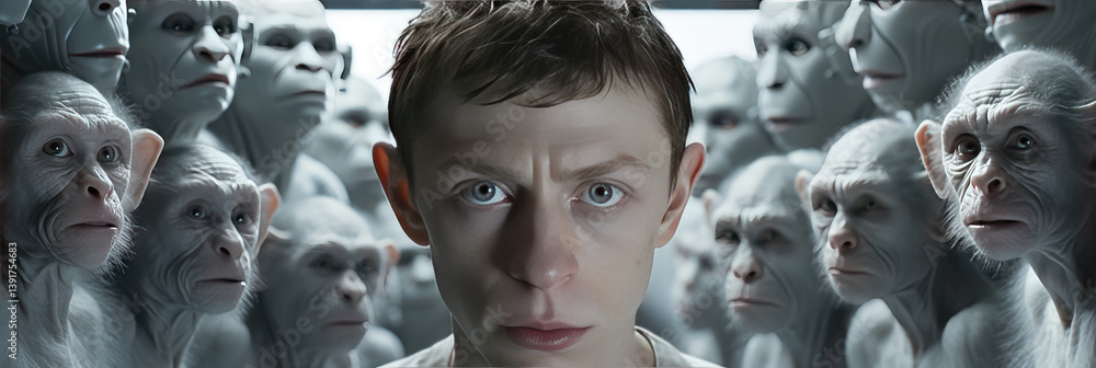 Poster futuristic digital photo of primate evolution into cybernetic organisms,showcasing transition from n