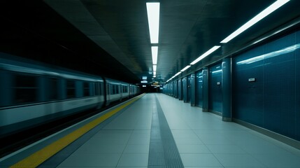Fototapeta premium Train moving in a subway station with lights and platforms.