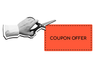 A hand cuts out a red coupon with scissors. Modern photo collage style. Illustration on transparent background