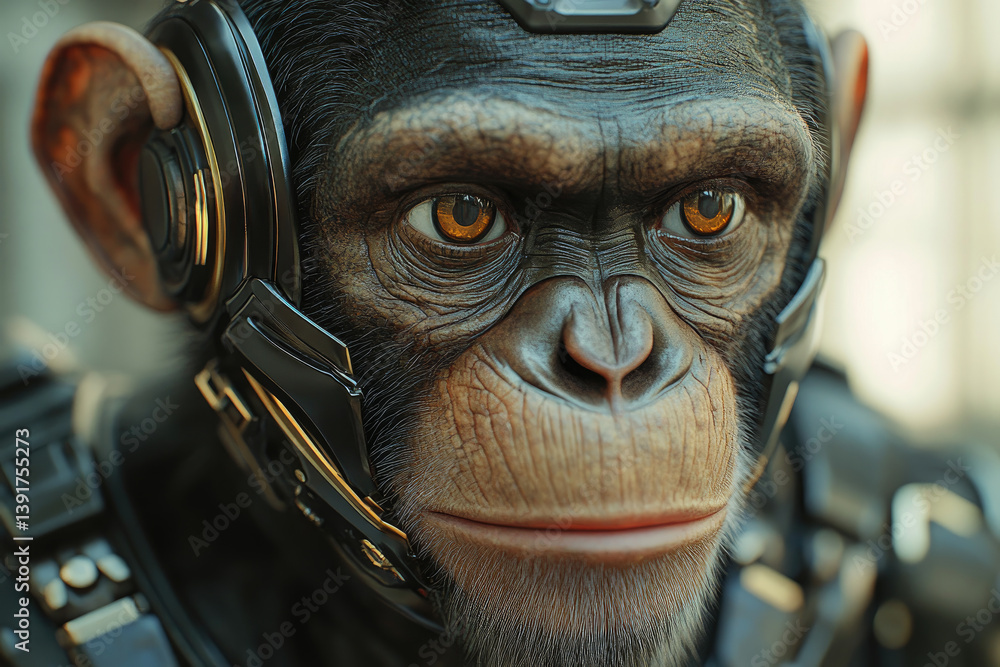 Poster futuristic digital photo of primate evolution into cybernetic organisms,showcasing transition from n