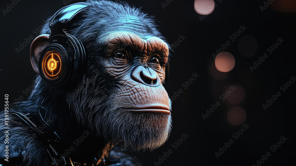 Poster futuristic digital photo of primate evolution into cybernetic organisms,showcasing transition from n