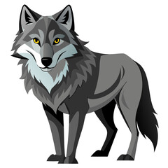 Illustration of a gray wolf standing with a serious expression and yellow eyes facing forward vector art
