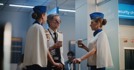 Obraz premium Airline Pilot and Two Beautiful Flight Attendants in Uniforms with Luggage Talking, Drinking Coffee, Waiting for Commercial Flight. Flight Crew in Crowded International Airport Terminal. Slow Motion.