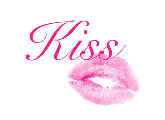 Pink lipstick kiss print. Vector illustration isolated on white background. Romantic love and valentine concept. Design for postcard, greeting card, invitation, banner, print