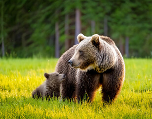 Fototapeta premium Brown bear, ursus arctos, mother with two cubs on green meadow with copy space. Wide panoramic banner of wild mammal with her lovely offsprings. Animal wildlife in summer nature