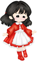 Cute Christmas Girl in Red Winter Dress. Watercolor Illustration