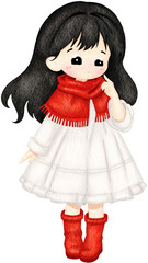 Fototapeta premium Cute Christmas Girl in Red Winter Dress. Watercolor Illustration