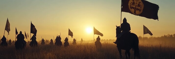 Silhouette of medieval warriors with flags on horseback at sunrise in the field