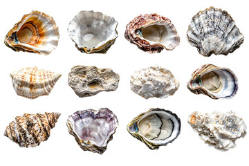  Assorted oyster shells showing natural variety and textures on transparent background, perfect for coastal interior design and beach home decoration 