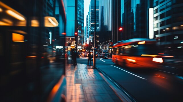 City street with blurred motion red vehicle and pedestrians at dusk or night.