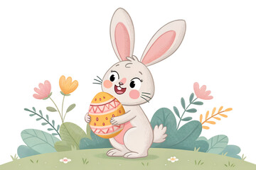 A cute Easter bunny with large ears holding a decorated egg in its paws, smiling sweetly. The bunny is styled in a joyful, playful pose with a soft pastel color palette, ideal for children&rsquo;s content, 