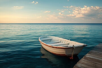 Naklejka premium Calm tranquil water, small boat, serene sunset