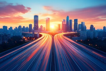 Fototapeta premium Sunset Cityscape with Light Trails Leading to Modern Skyline for Urban Inspiration