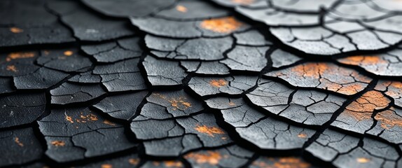 Closeup of cracked black textured surface with deep shadows