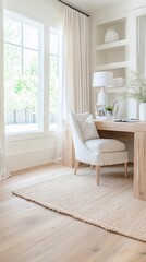 Fototapeta premium Bright home office, desk chair, rug, natural light