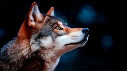 Obraz premium Intrigued wolf gazing upward in winter woods