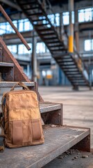 Brown backpack on rusty stairs, abandoned factory
