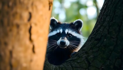 Fototapeta premium raccoon peeking out from behind a tree