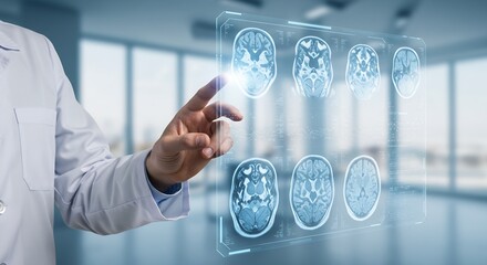 Doctor using futuristic holographic interface displaying brain scans for medical diagnosis and research