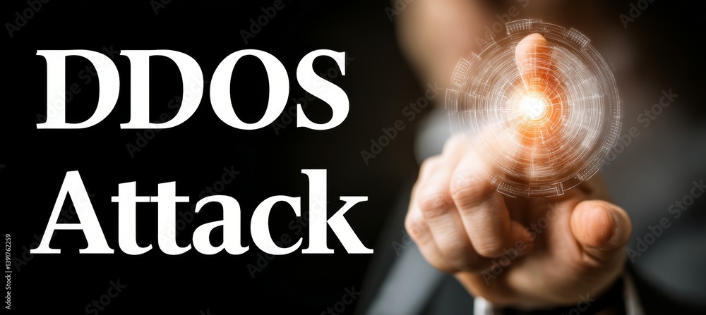 Poster cybersecurity threats businessman interacting with hologram displaying ddos attack warning