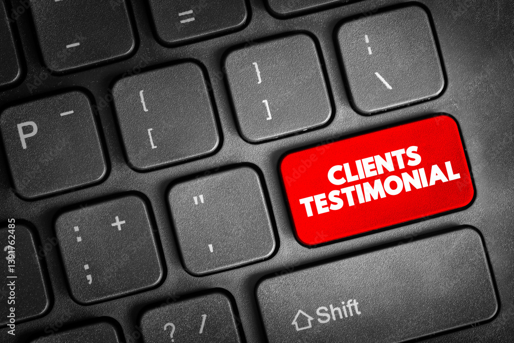 Poster clients testimonial text button on keyboard, concept background