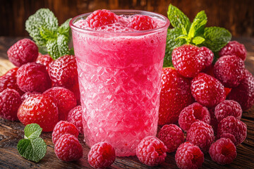 A vibrant raspberry drink surrounded by fresh raspberries and mint leaves, set against a rustic wooden background.