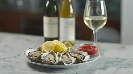 Fototapeta premium A plate of oysters with a glass of wine and a lemon wedge