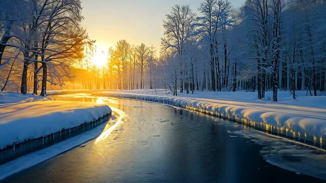 Sunlit winter river scene; snow-covered banks, icy water, and leafless trees at sunrise