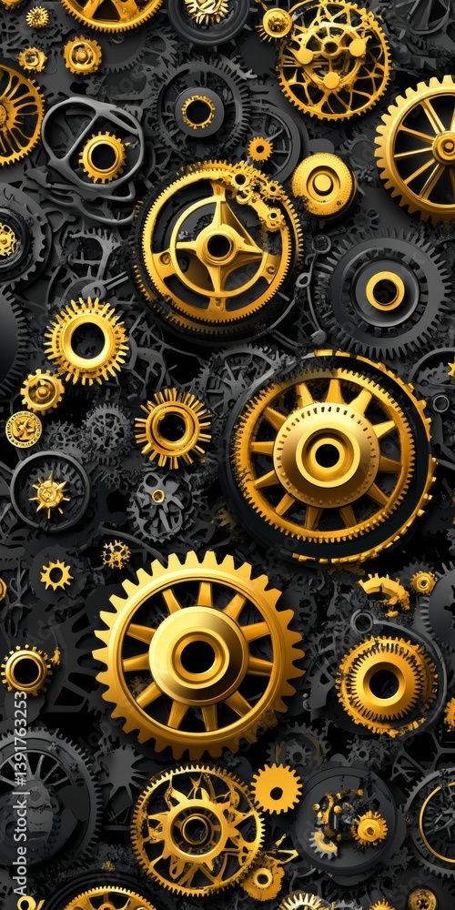 Aufkleber golden gears an intricate mechanical background with interlocking cogs and sprockets