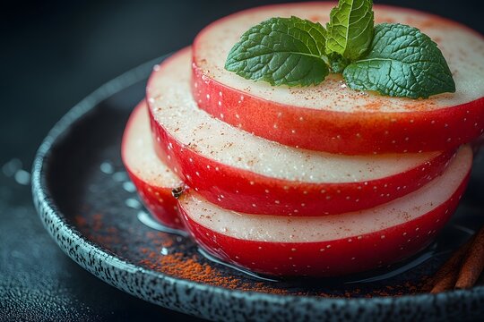 Fresh Red Apple Slices with Mint Garnish and Cinnamon on Dark Ceramic Plate
