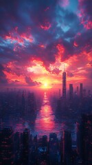 Obraz premium Vibrant Sunset City Skyline Phone Wallpaper Pink Orange Hues Reflected in Still Waters Vertical Mobile Background