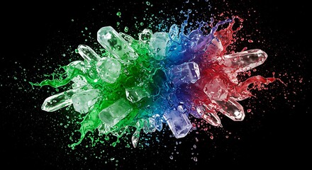 Create a splash art scene where icy shards and colorful liquids explode together in midair. Mix textures—sharp ice with smooth, flowing color. Perfect for a powerful, high-energy brand identity.