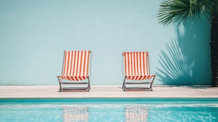 Fototapeta premium Minimalist Scene with Two Sunbeds by a Blue Pool