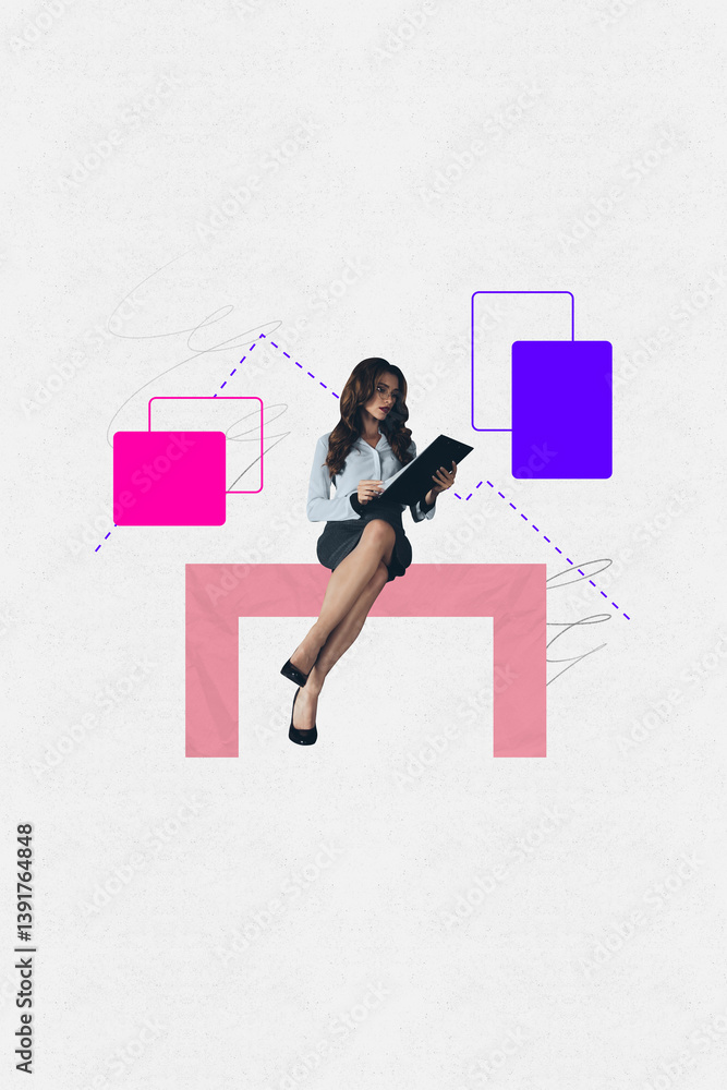 Poster creative trend collage of young worker guy sit geometry shape read check list on white color backgro