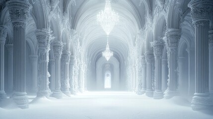Frozen Cathedral Hallway, White Interior, Majestic Architecture, Digital Art, Background Use