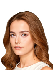 Fototapeta premium Young woman with shoulder-length wavy brown hair and hazel eyes, a serene expression. She wears a simple white dress.