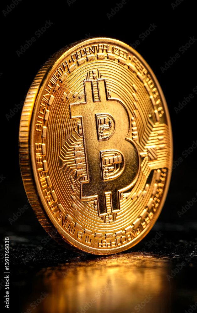 Poster bitcoin coin displayed on a dark surface. a shiny bitcoin coin rests on a dark, reflective surface s