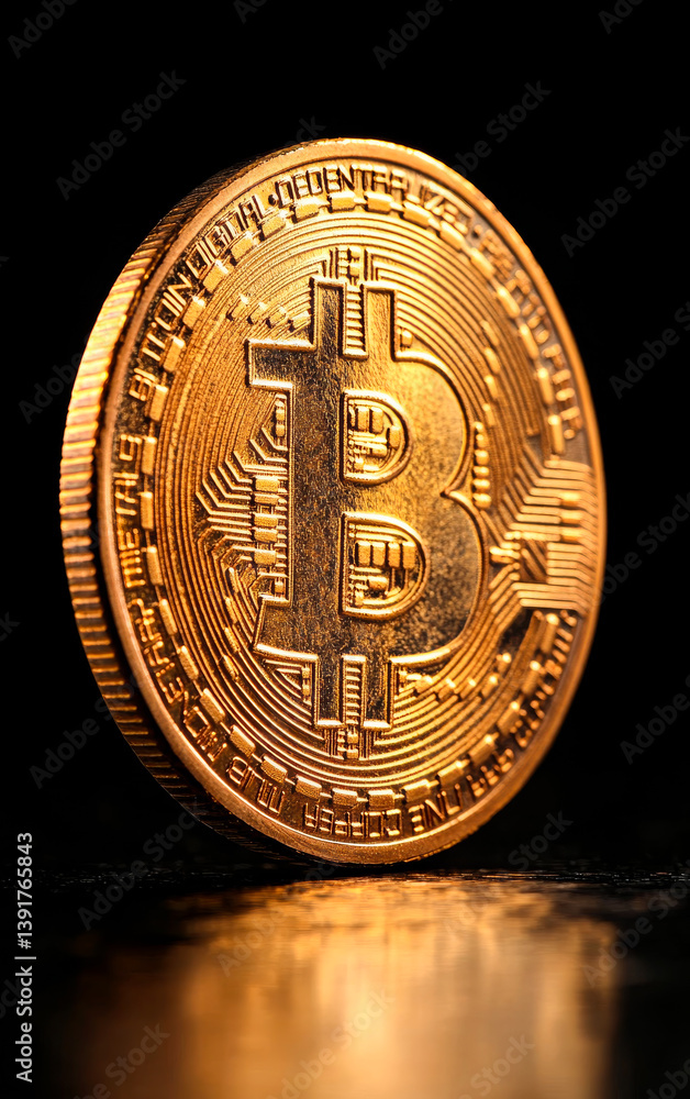 Poster Bitcoin coin displayed with golden shine. A detailed view of a Bitcoin coin resting on a black surface, showcasing its distinctive design and texture.