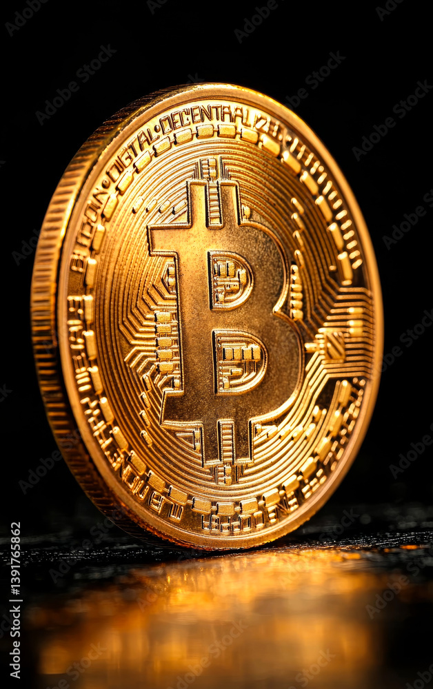 Poster bitcoin shines on dark backdrop. a shiny bitcoin coin stands prominently on a surface, illuminated b
