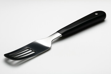 A sleek stainless steel serving fork with a modern black handle, perfect for elegant dining.