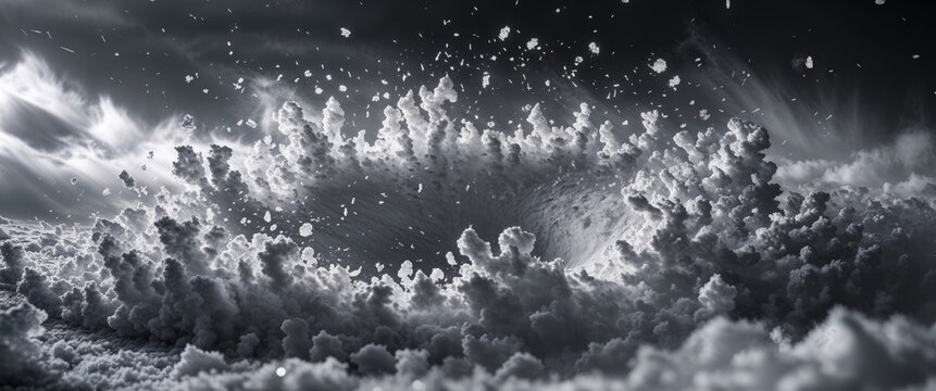 A blizzard of particles explodes in a dark sky.