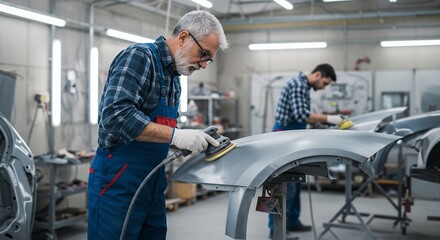 Skilled Senior Auto Body Technician Sanding Car Part in a Professional Workshop